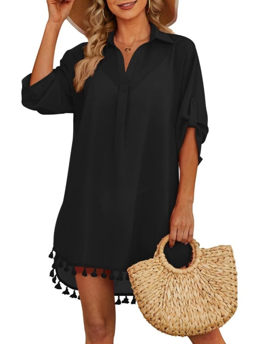 Women's Black Polyester Cover Up Tassel Swimsuit Beach Bathing Suit for Swimwear
